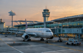 Avión comercial en instalaciones aeroportuarias