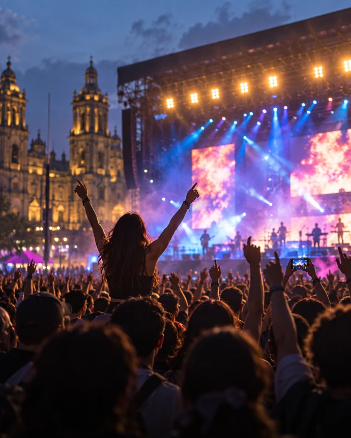 Concierto multitudinario con escenario iluminado y asistentes