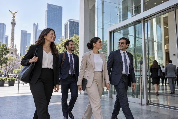 Profesionales caminando por una zona corporativa